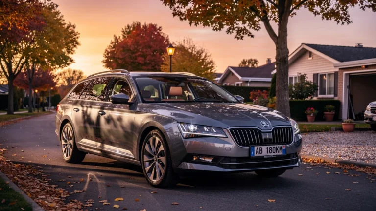 Acheter un break d'occasion à 180 000 km : voiture fiable et bien entretenue en lumière dorée d'automne
