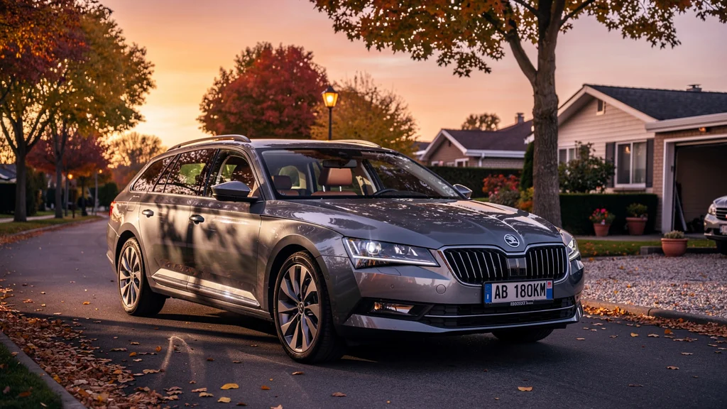 Acheter un break d'occasion à 180 000 km : voiture fiable et bien entretenue en lumière dorée d'automne