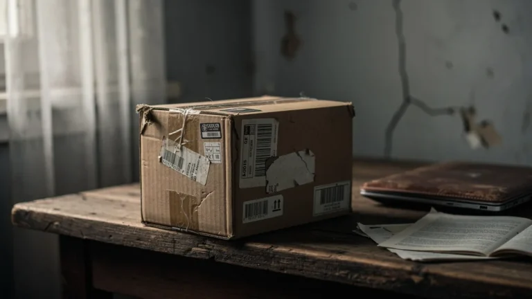 Boîte fragile abîmée après achat d’occasion sans inspection, ambiance intime et réaliste