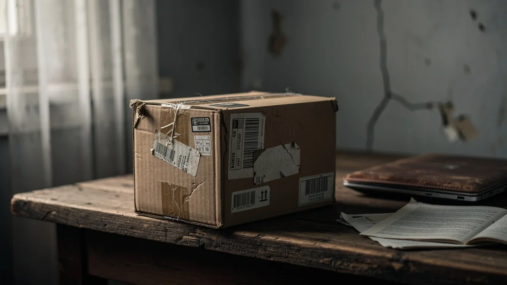 Boîte fragile abîmée après achat d’occasion sans inspection, ambiance intime et réaliste
