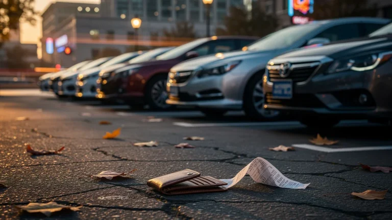 Changer de voiture tous les trois ans coûte cher : illustration réaliste d’un parking urbain au crépuscule