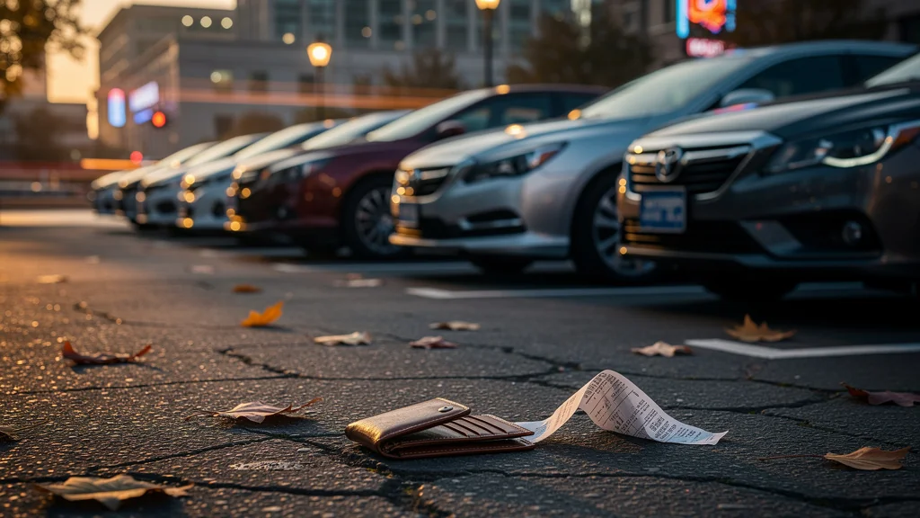 Changer de voiture tous les trois ans coûte cher : illustration réaliste d’un parking urbain au crépuscule