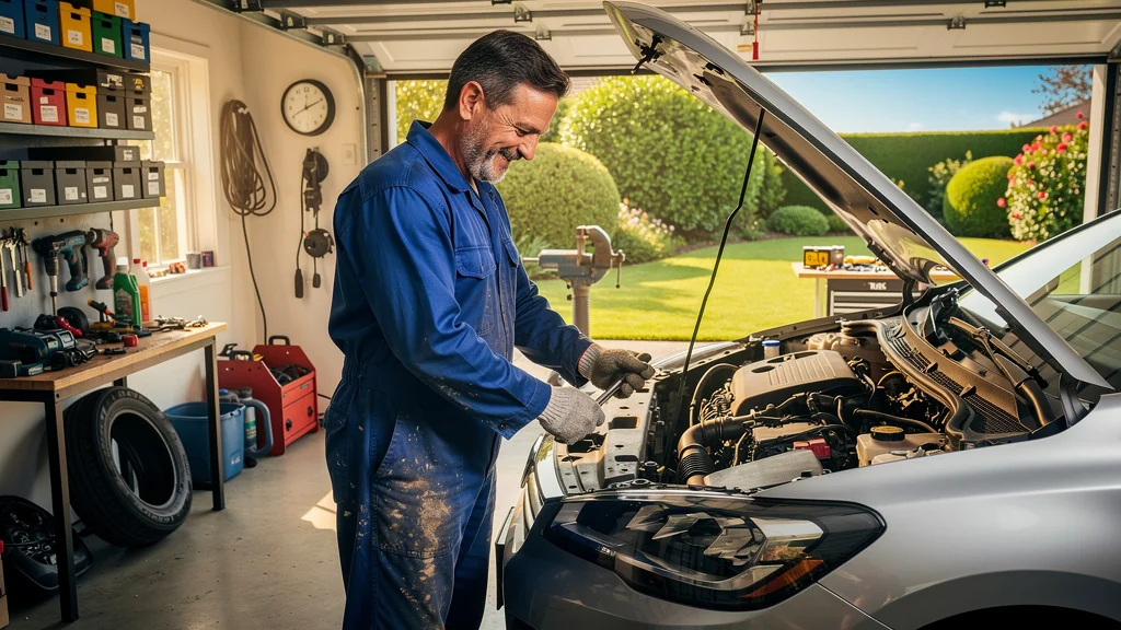Homme de 46 ans entretenant sa voiture le week-end, économisant sur les factures de garage