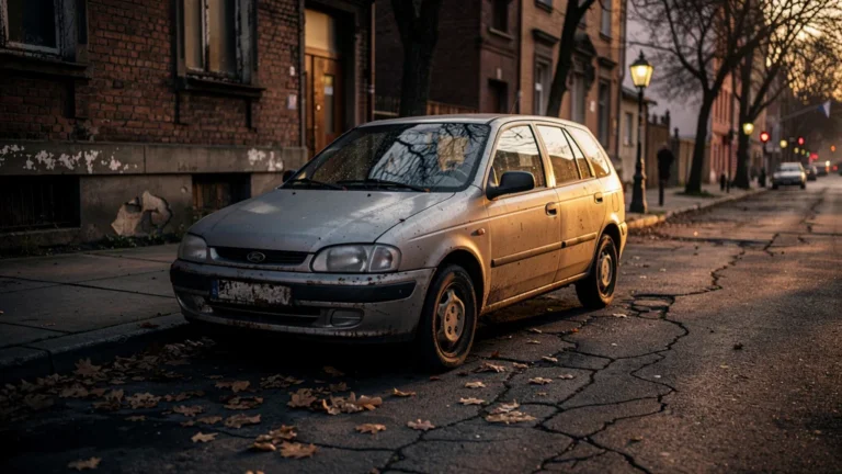 Voiture citadine ancienne stationnée en ville au crépuscule, symbolisant un choix financier inattendu