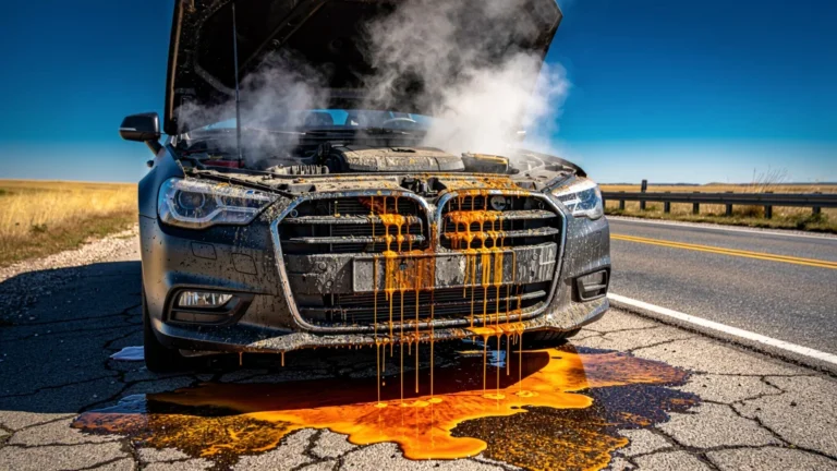 Voiture en surchauffe l'été avec liquide de refroidissement fuyant sur route asphaltée brûlante