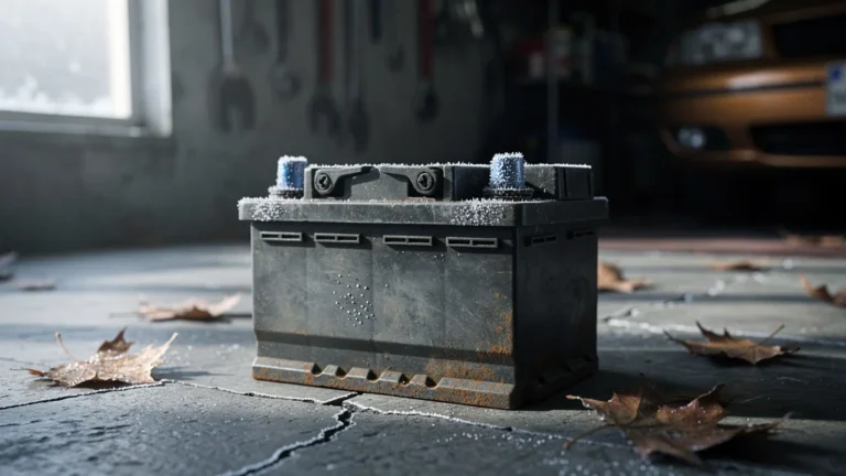 Batterie de voiture morte après décharge hivernale, illustration réaliste pour article auto