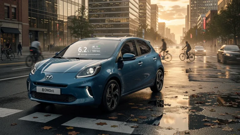 Voiture citadine essence brillante en ville avec consommation moyenne de 6,2 litres sur un mois