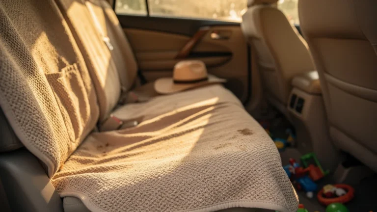 Housse de siège lavable résistante après un été avec deux enfants, tissu usé mais intact