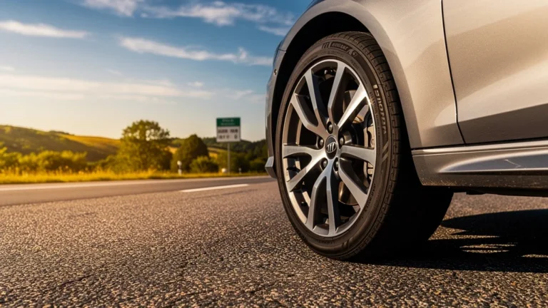 Vue proche d’un pneu toutes saisons intact sur l’autoroute A50 en été, symbolisant durabilité et performance