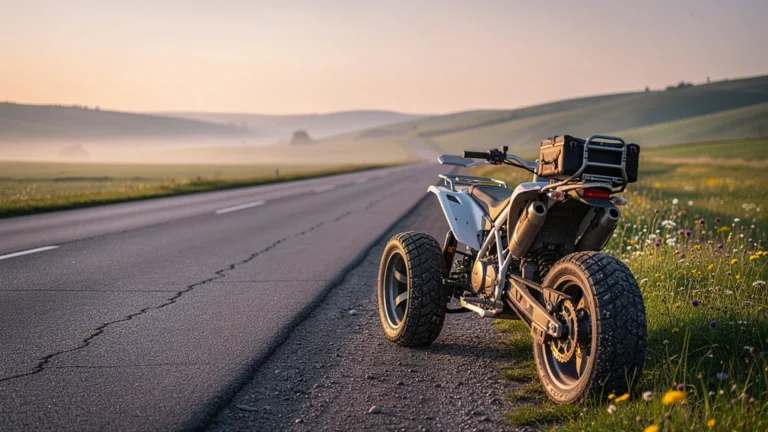 Quadricycle moderne prêt pour un long trajet quotidien de 80 km en milieu rural paisible