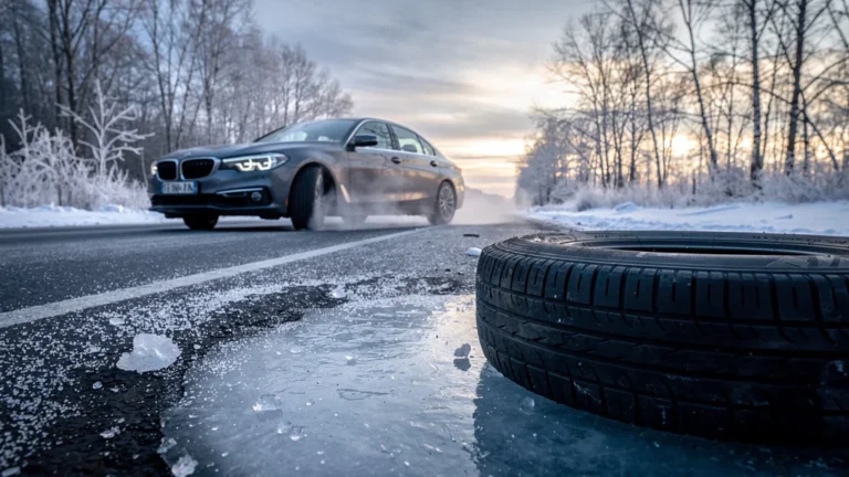 Photo réaliste d’un freinage d’urgence sur route glacée avec pneus lisses en hiver