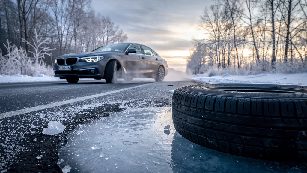 Photo réaliste d’un freinage d’urgence sur route glacée avec pneus lisses en hiver