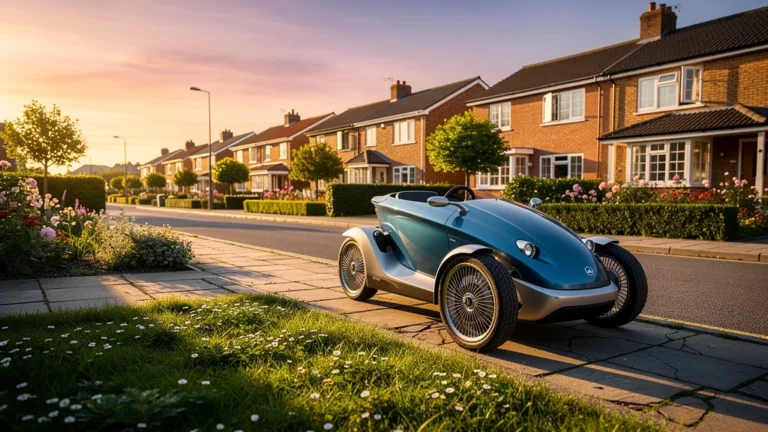 Quadricycle moderne garé dans une rue résidentielle paisible au coucher du soleil, symbolisant les petits trajets