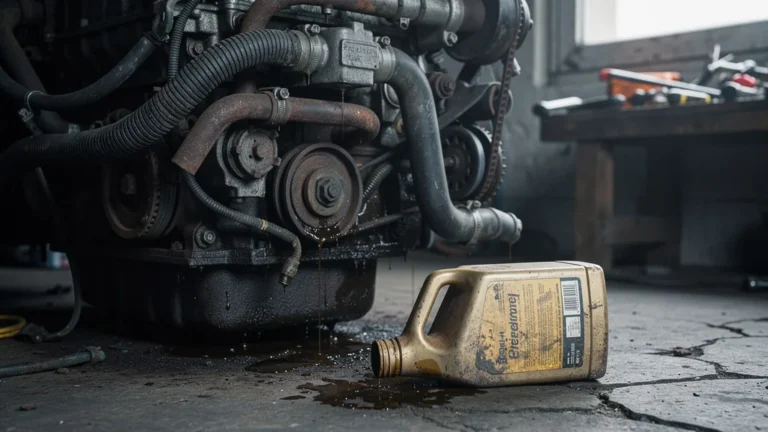 Moteur fatigué avec huile usée et corrosion après une vidange oubliée trop longtemps