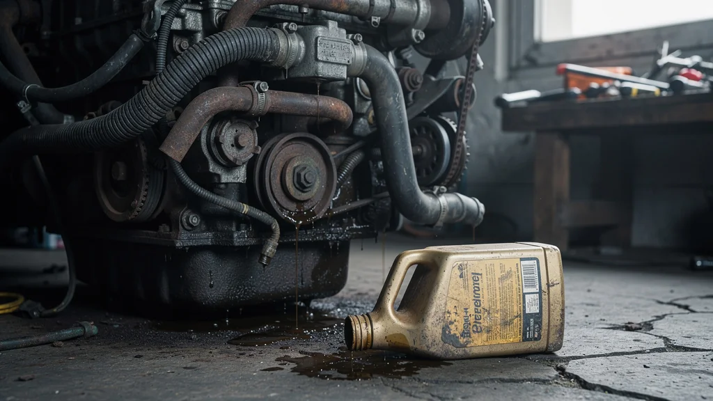 Moteur fatigué avec huile usée et corrosion après une vidange oubliée trop longtemps